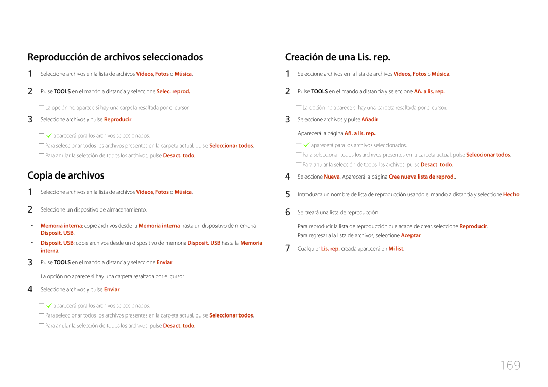 Samsung LH65MDCPLGC/EN manual 169, Reproducción de archivos seleccionados, Copia de archivos, Creación de una Lis. rep 
