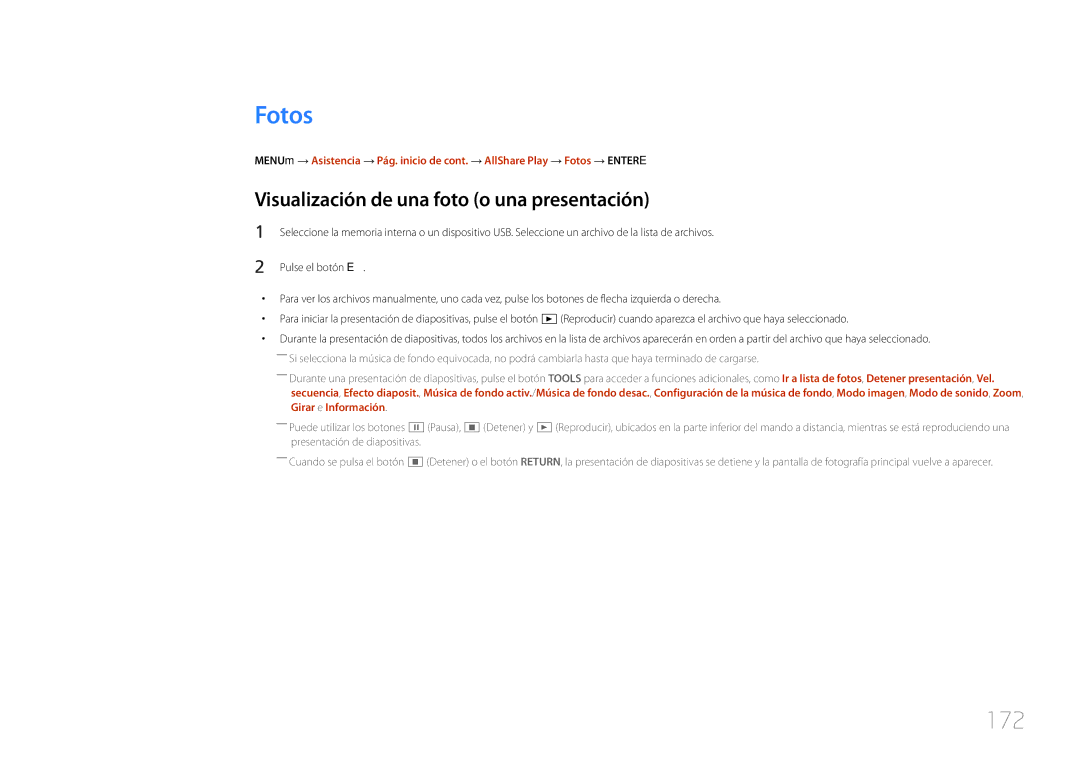 Samsung LH65MDCPLGC/EN manual Fotos, 172, Visualización de una foto o una presentación 