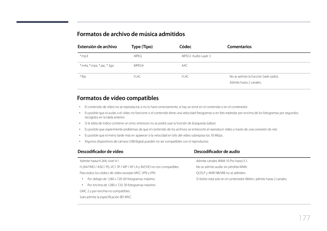 Samsung LH65MDCPLGC/EN manual 177, Formatos de archivo de música admitidos, Formatos de vídeo compatibles 