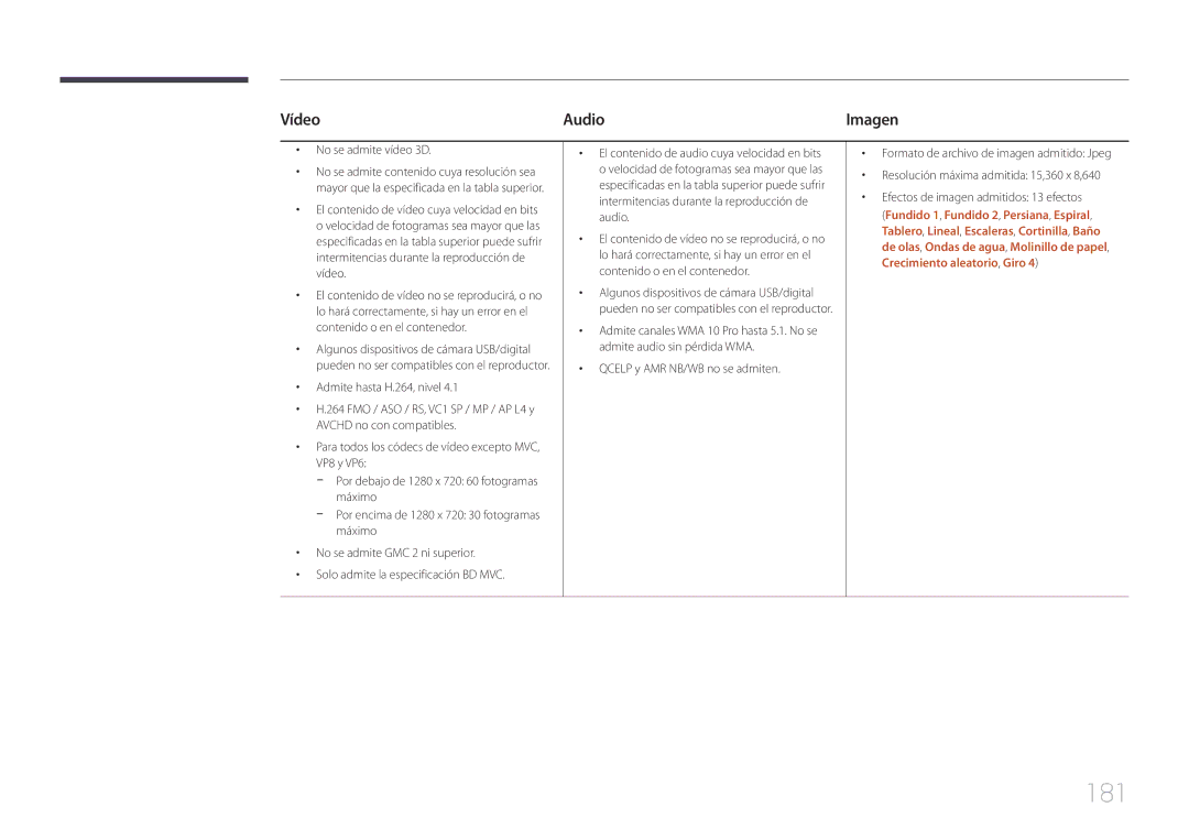 Samsung LH65MDCPLGC/EN manual 181, Vídeo Audio, No se admite vídeo 3D 