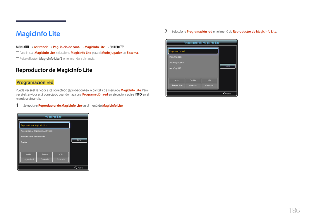 Samsung LH65MDCPLGC/EN manual 186, Reproductor de MagicInfo Lite, Programación red 