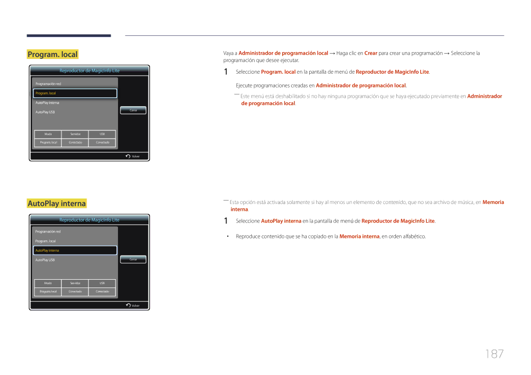 Samsung LH65MDCPLGC/EN manual 187, Program. local, AutoPlay interna 