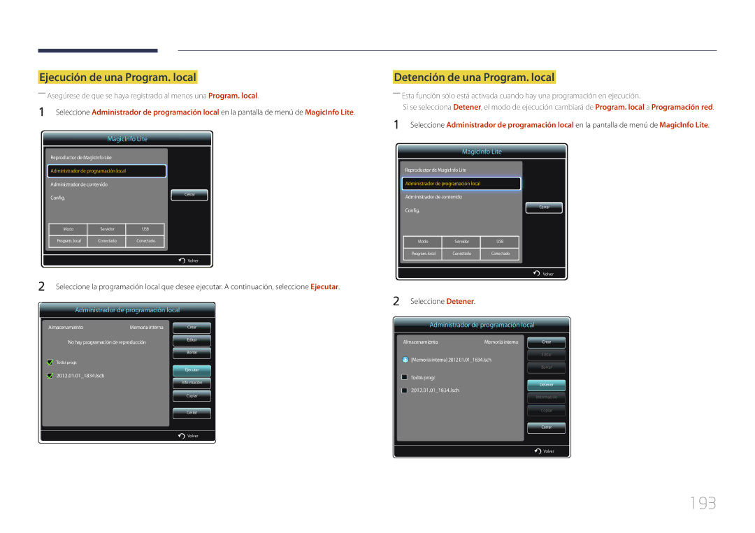 Samsung LH65MDCPLGC/EN manual 193, Ejecución de una Program. local, Detención de una Program. local 