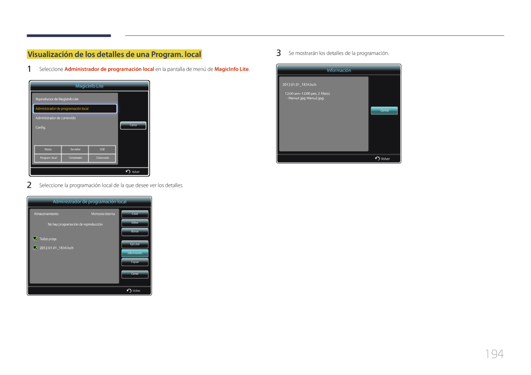 Samsung LH65MDCPLGC/EN manual 194, Visualización de los detalles de una Program. local 