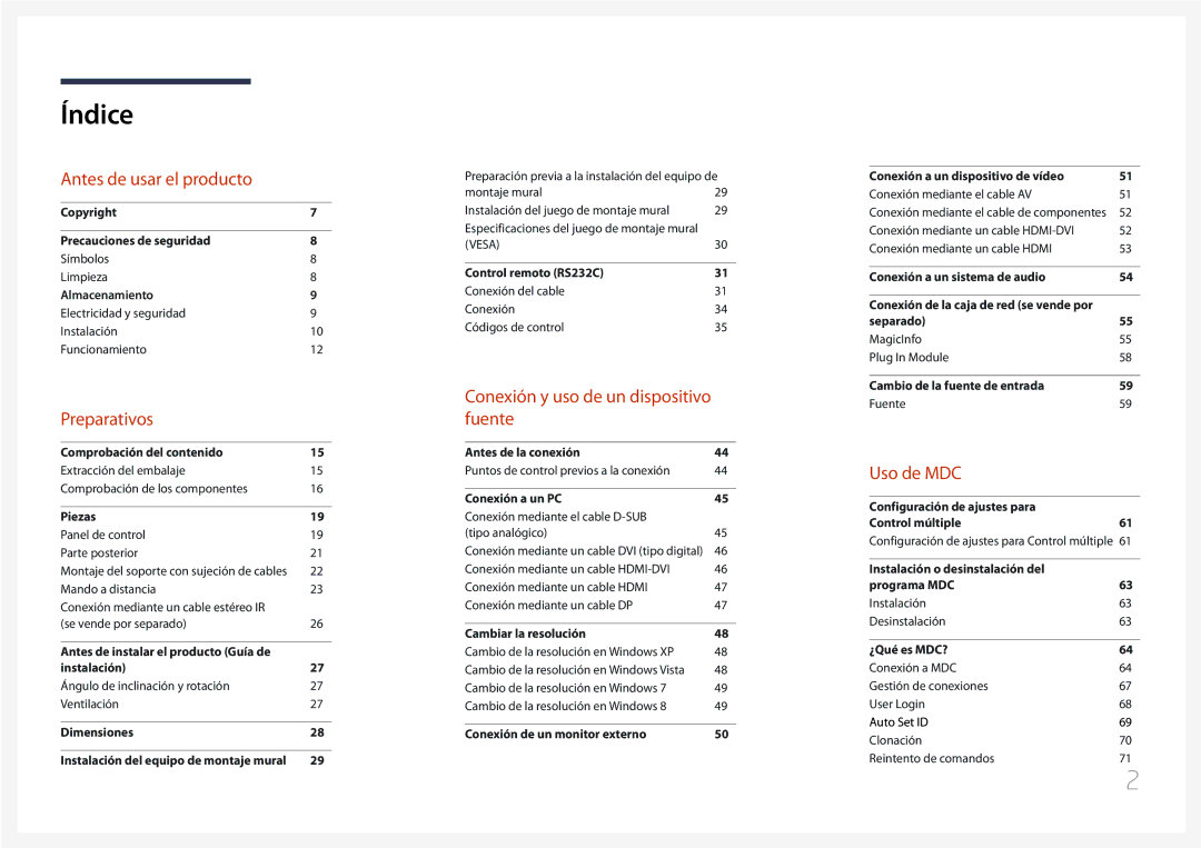 Samsung LH65MDCPLGC/EN manual Índice 