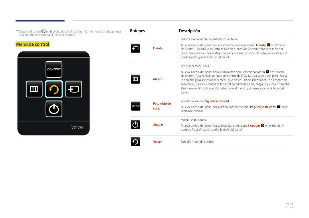 Samsung LH65MDCPLGC/EN manual Volver, Menú de control, BotonesDescripción 