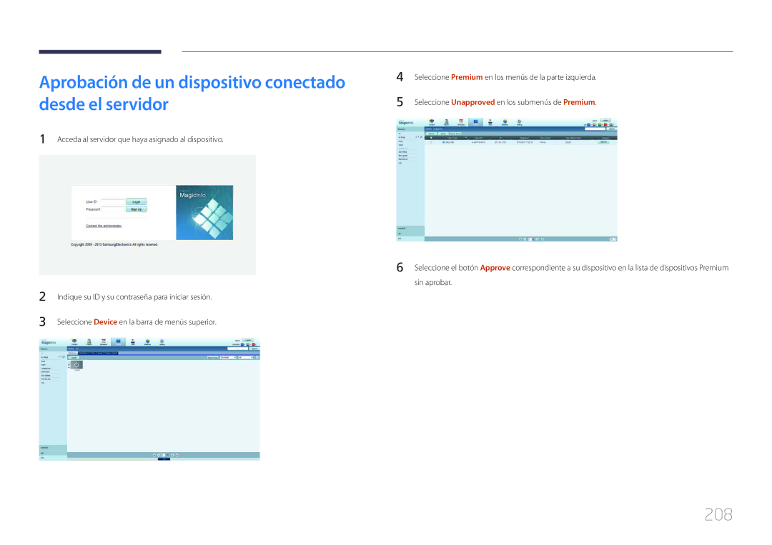 Samsung LH65MDCPLGC/EN manual Aprobación de un dispositivo conectado desde el servidor, 208 