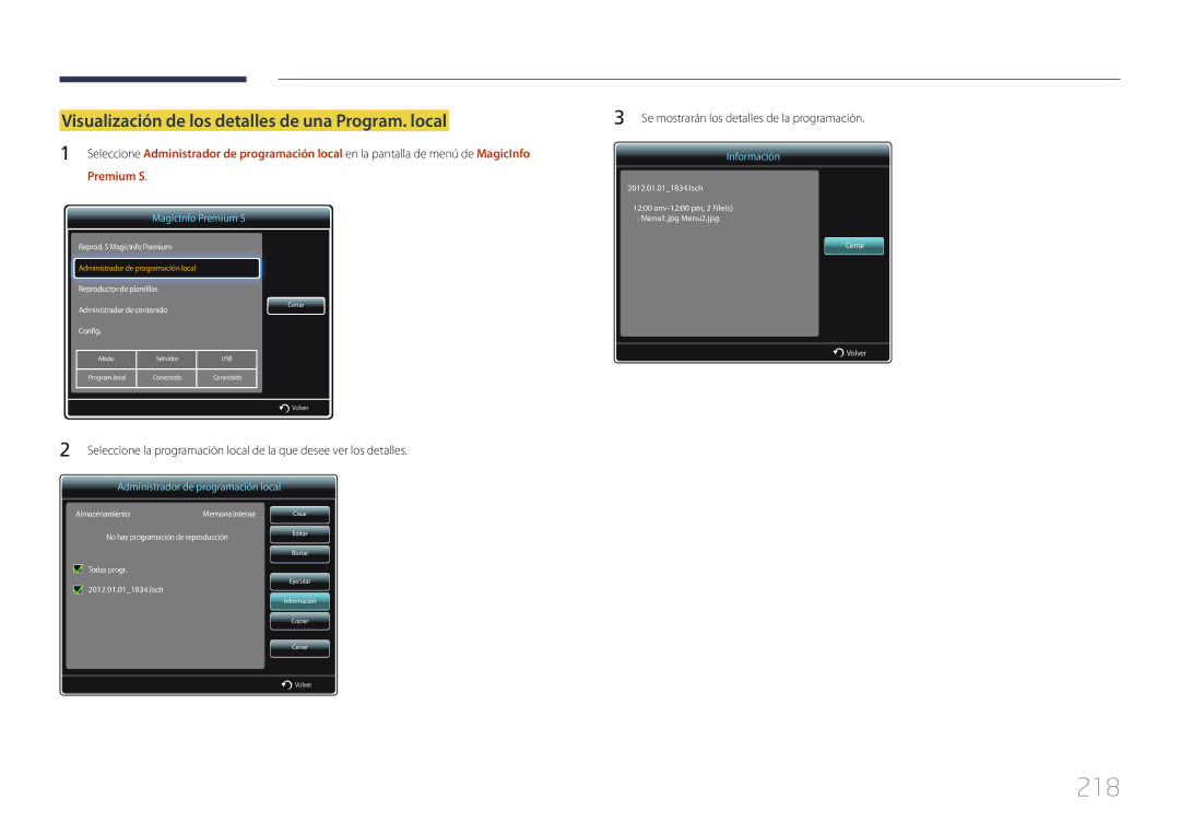 Samsung LH65MDCPLGC/EN manual 218, Visualización de los detalles de una Program. local 