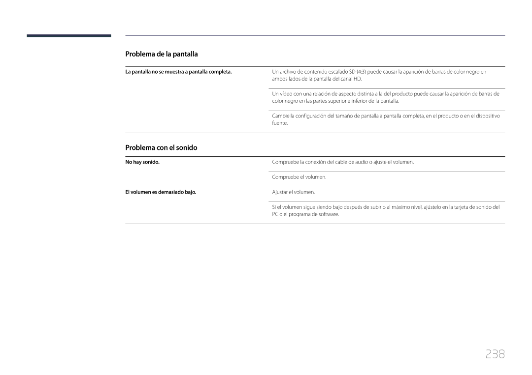 Samsung LH65MDCPLGC/EN manual 238, Problema con el sonido, La pantalla no se muestra a pantalla completa, No hay sonido 