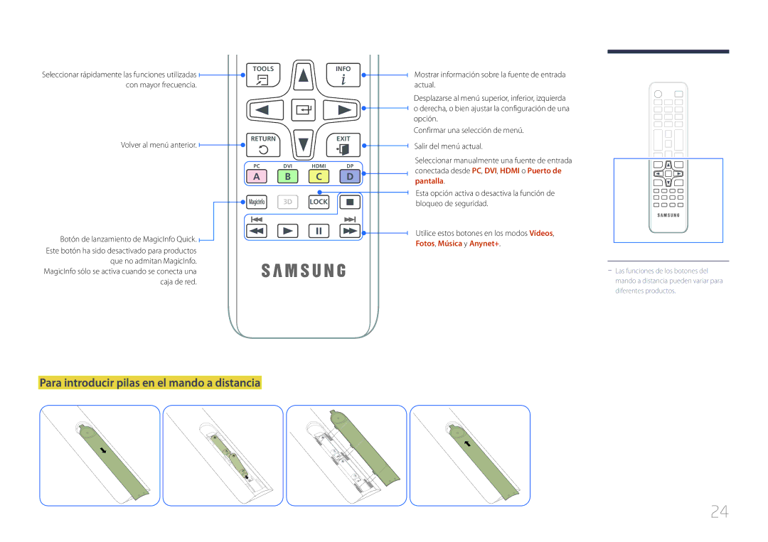 Samsung LH65MDCPLGC/EN manual Para introducir pilas en el mando a distancia, Con mayor frecuencia Volver al menú anterior 