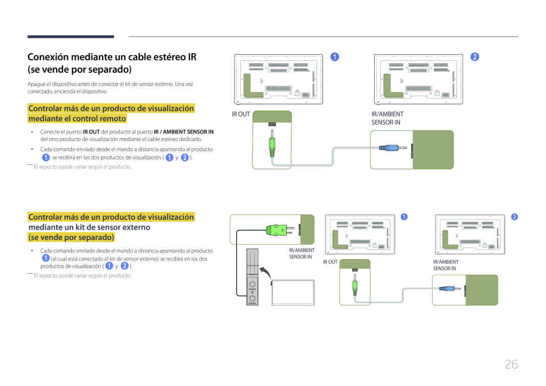 Samsung LH65MDCPLGC/EN manual Conexión mediante un cable estéreo IR Se vende por separado 