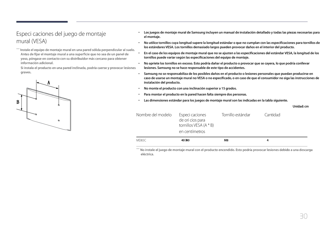 Samsung LH65MDCPLGC/EN manual Especificaciones del juego de montaje mural Vesa, En centímetros 