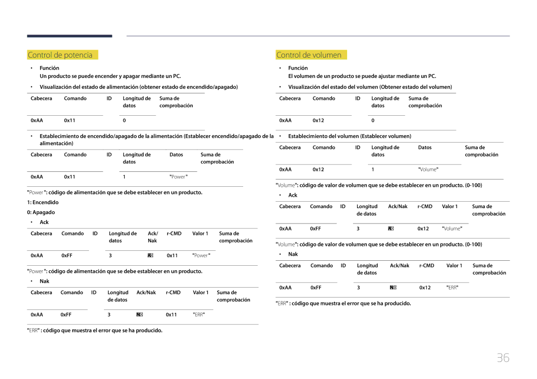 Samsung LH65MDCPLGC/EN manual Control de potencia, Control de volumen, ERR código que muestra el error que se ha producido 