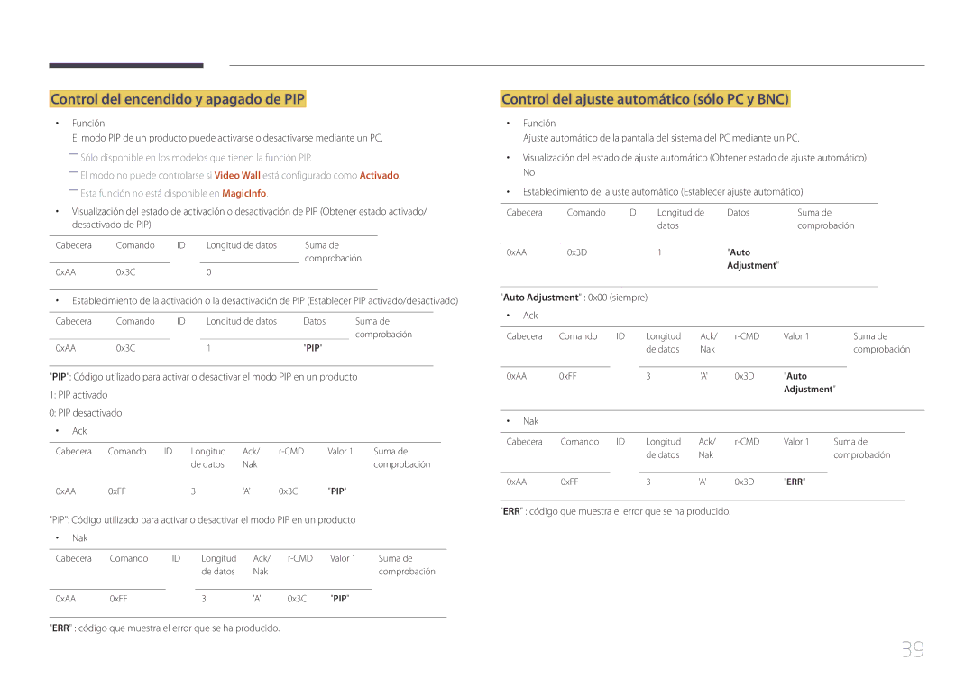 Samsung LH65MDCPLGC/EN manual Control del encendido y apagado de PIP, Control del ajuste automático sólo PC y BNC, Función 