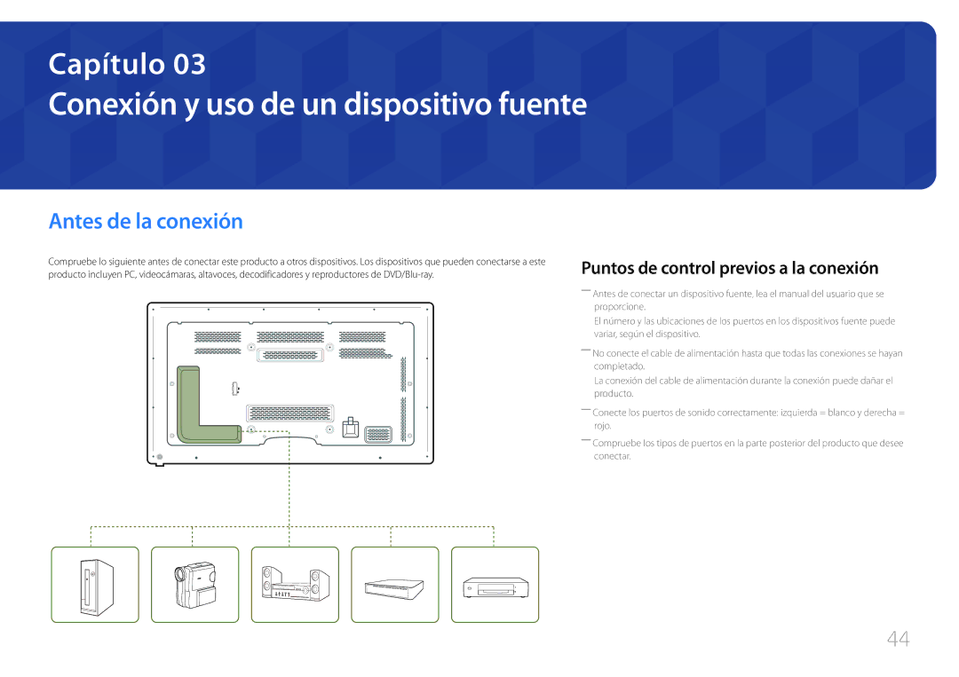 Samsung LH65MDCPLGC/EN manual Conexión y uso de un dispositivo fuente, Antes de la conexión 