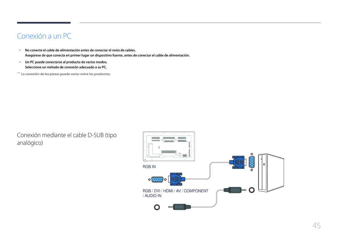 Samsung LH65MDCPLGC/EN manual Conexión a un PC, Conexión mediante el cable D-SUB tipo analógico 