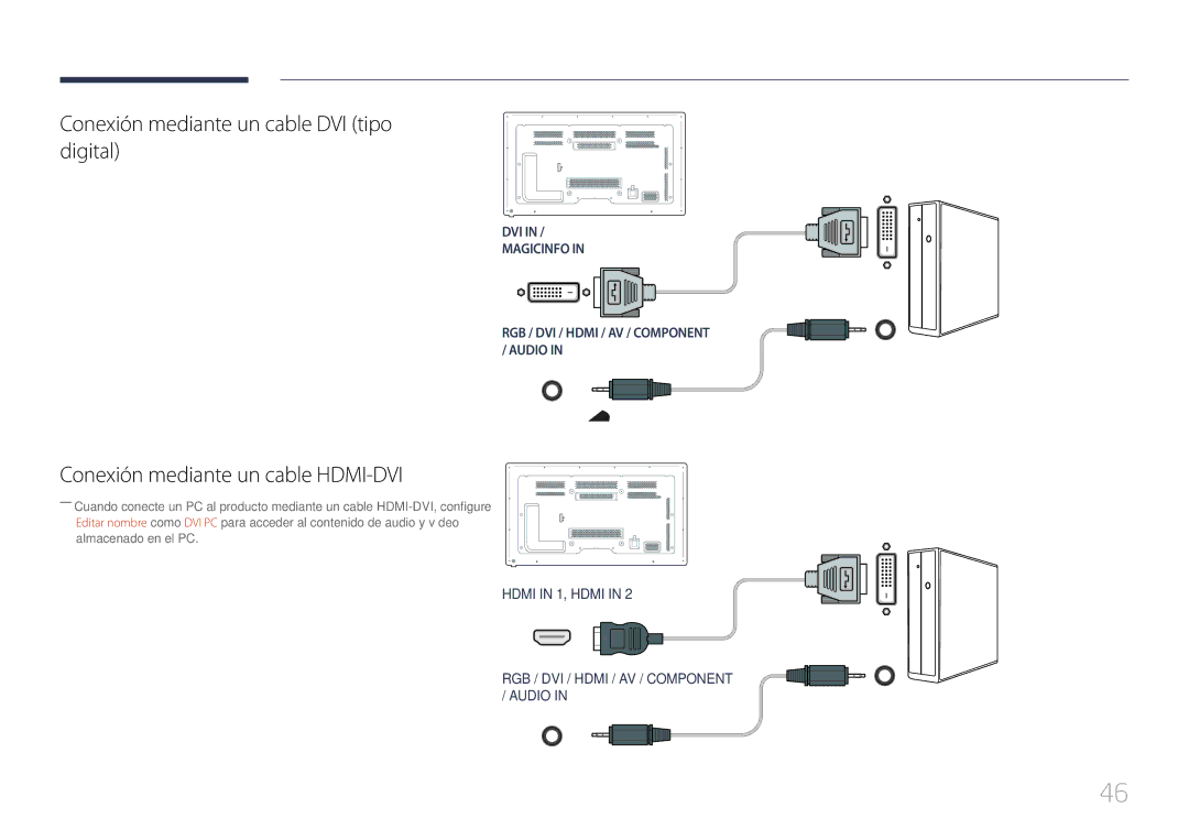 Samsung LH65MDCPLGC/EN manual Conexión mediante un cable DVI tipo digital, Conexión mediante un cable HDMI-DVI 