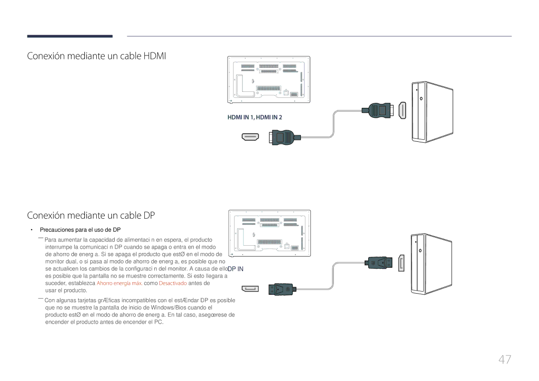 Samsung LH65MDCPLGC/EN Conexión mediante un cable Hdmi, Conexión mediante un cable DP, Precauciones para el uso de DP 