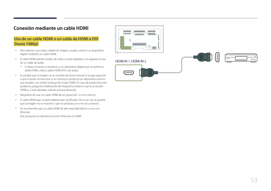 Samsung LH65MDCPLGC/EN manual Conexión mediante un cable Hdmi, Uso de un cable Hdmi o un cable de Hdmi a DVI hasta 1080p 