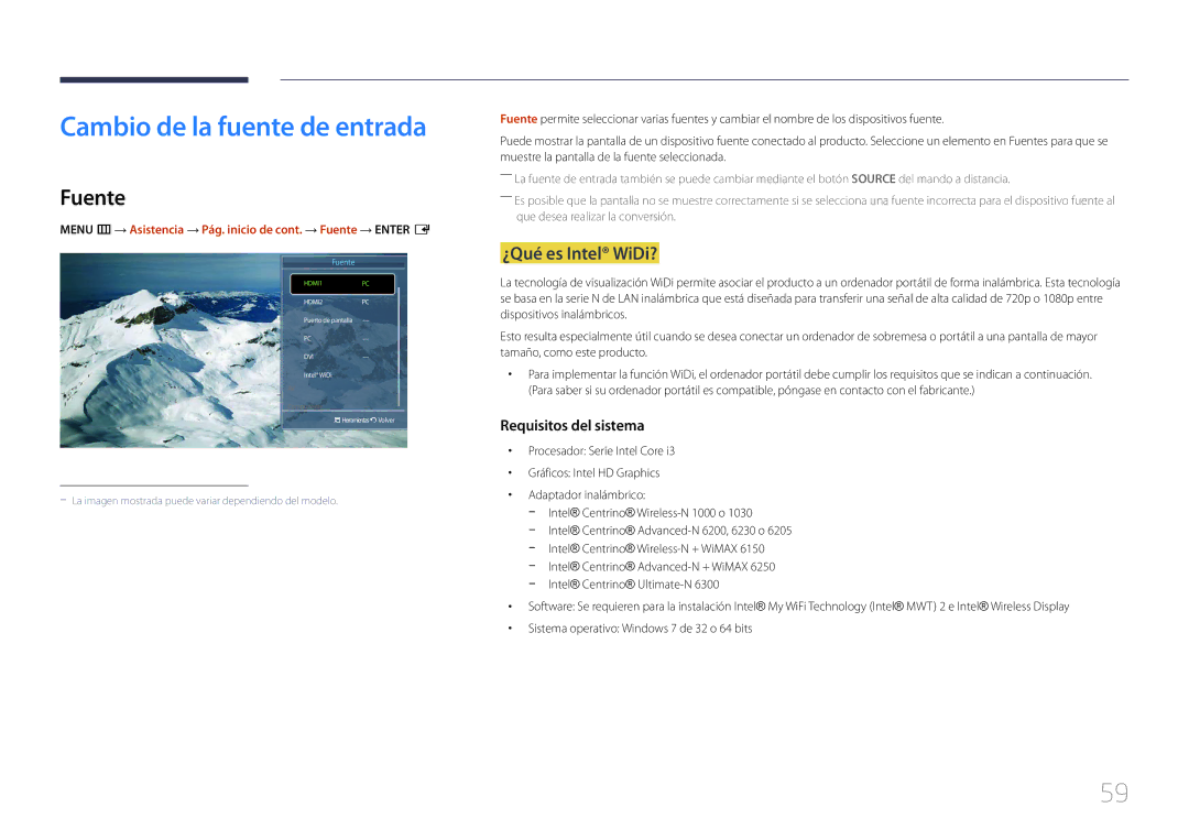 Samsung LH65MDCPLGC/EN manual Cambio de la fuente de entrada, Fuente, ¿Qué es Intel WiDi? 