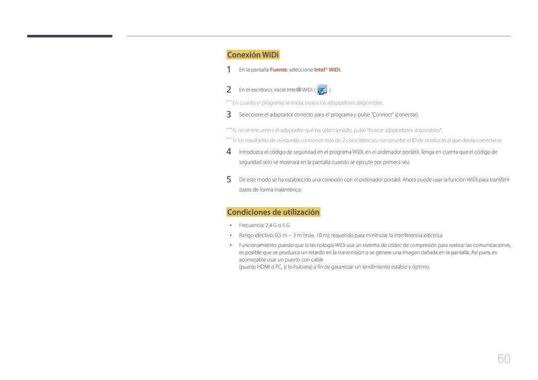 Samsung LH65MDCPLGC/EN manual Conexión WiDi, Condiciones de utilización 