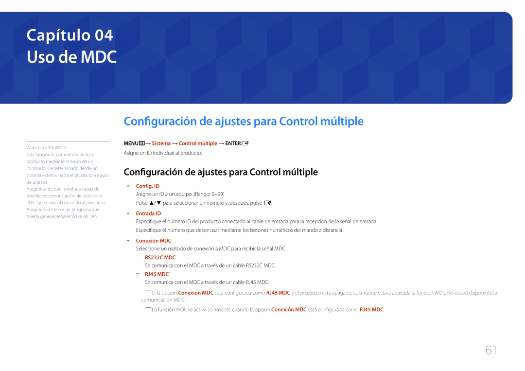 Samsung LH65MDCPLGC/EN manual Uso de MDC, Configuración de ajustes para Control múltiple 