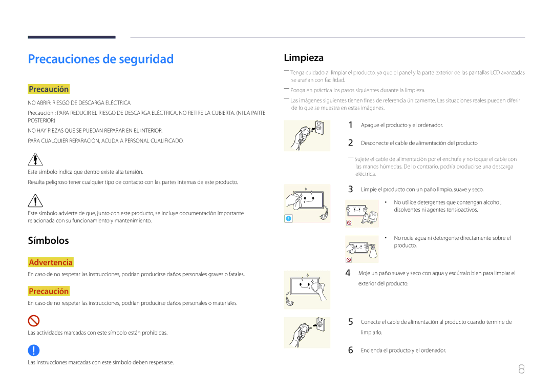 Samsung LH65MDCPLGC/EN manual Precauciones de seguridad, Limpieza, Símbolos, Precaución, Apague el producto y el ordenador 