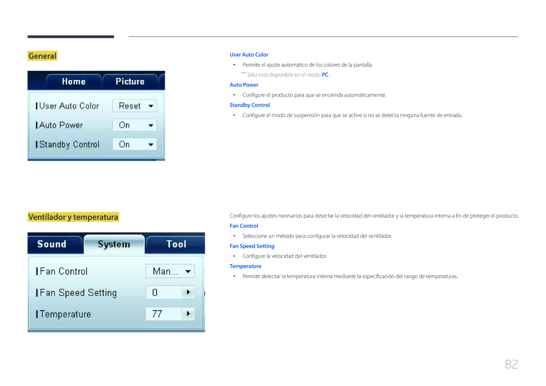 Samsung LH65MDCPLGC/EN manual General Ventilador y temperatura, Configure el producto para que se encienda automáticamente 