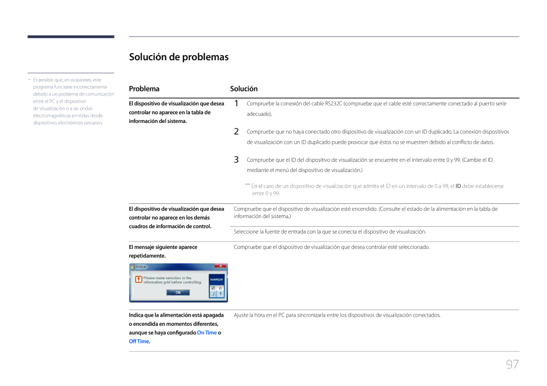 Samsung LH65MDCPLGC/EN manual Solución de problemas, Problema Solución, Mediante el menú del dispositivo de visualización 