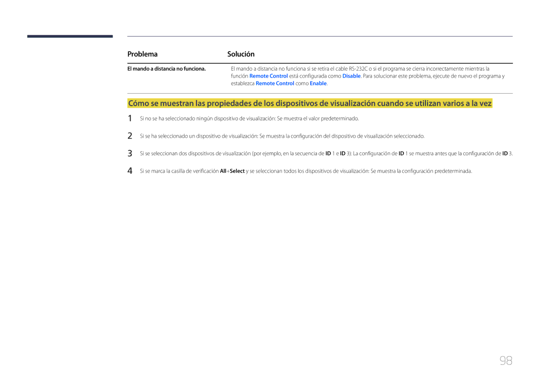 Samsung LH65MDCPLGC/EN manual ProblemaSolución, El mando a distancia no funciona 