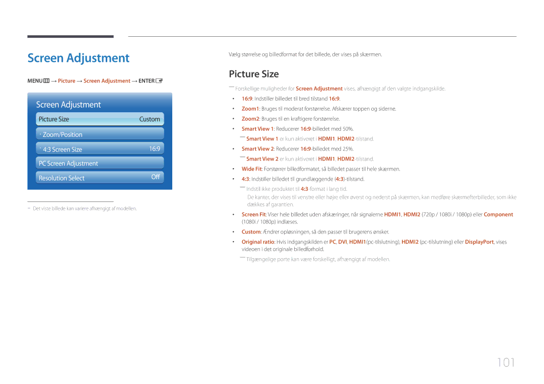 Samsung LH65MDCPLGC/EN manual 101, Picture Size, MENUm → Picture → Screen Adjustment → Entere 