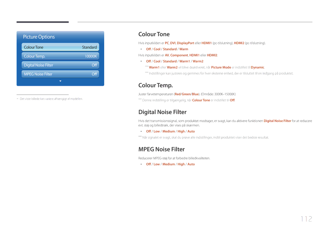 Samsung LH65MDCPLGC/EN manual 112, Colour Tone, Colour Temp, Digital Noise Filter, Mpeg Noise Filter 