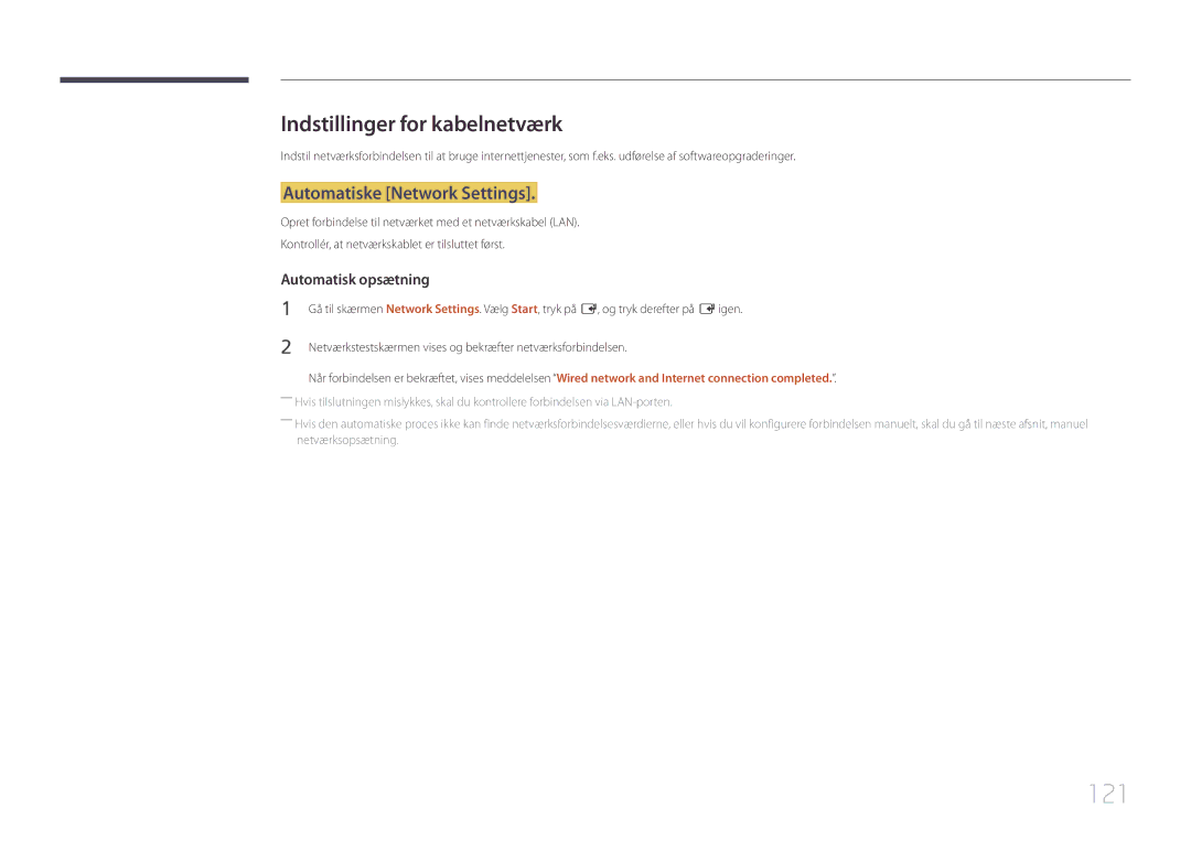 Samsung LH65MDCPLGC/EN manual 121, Indstillinger for kabelnetværk, Automatiske Network Settings 