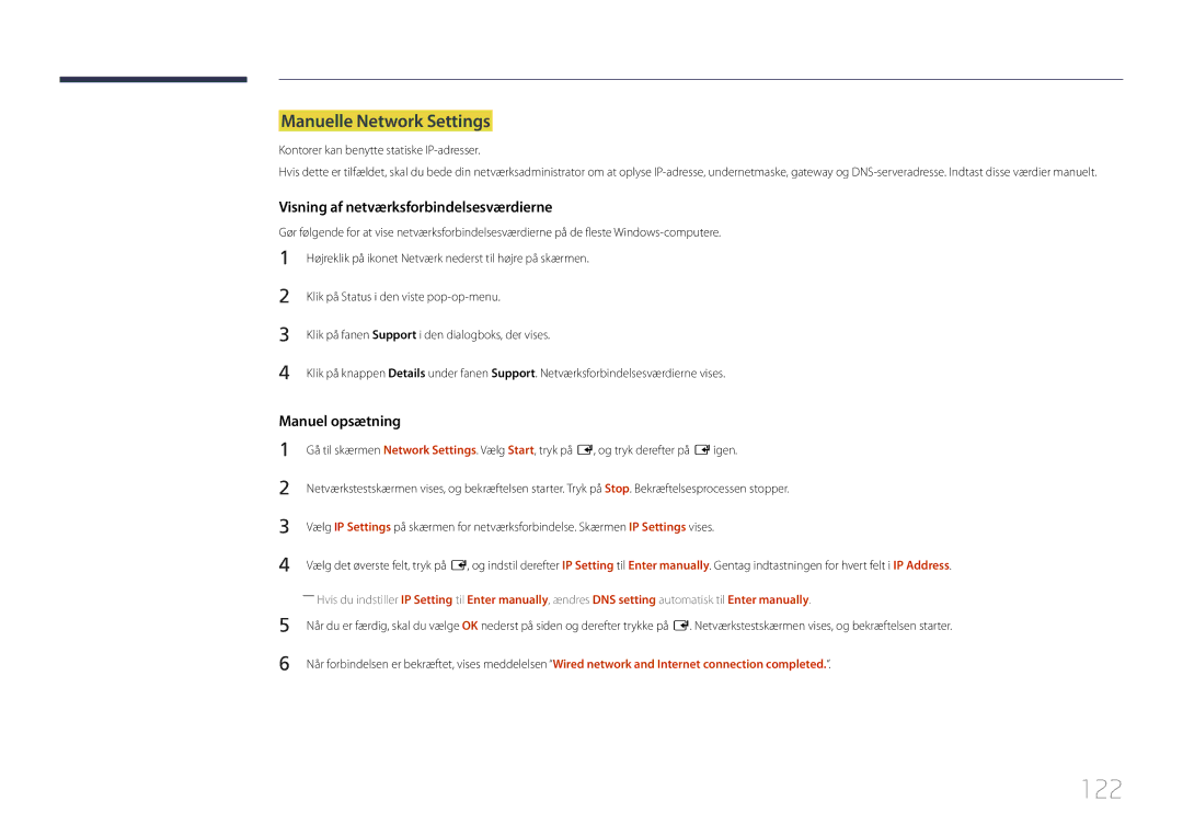 Samsung LH65MDCPLGC/EN manual 122, Manuelle Network Settings, Kontorer kan benytte statiske IP-adresser 