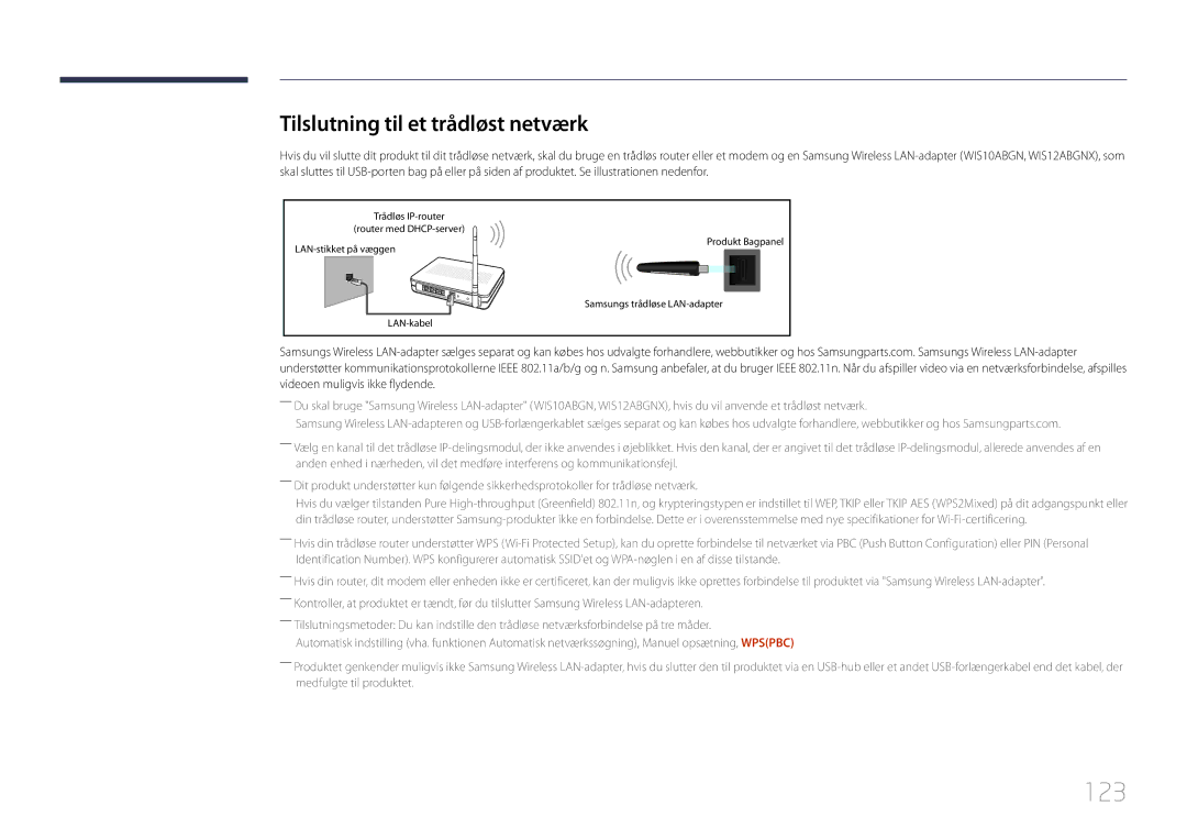 Samsung LH65MDCPLGC/EN manual 123, Tilslutning til et trådløst netværk 