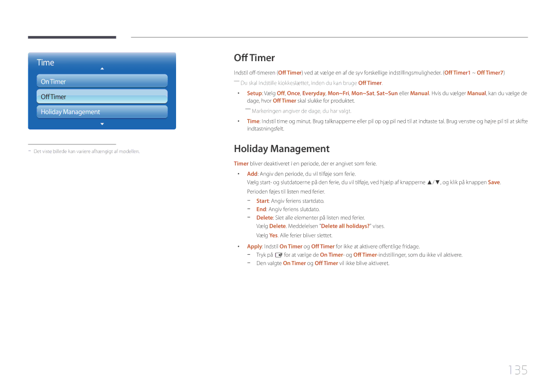 Samsung LH65MDCPLGC/EN manual 135, Off Timer, Holiday Management 