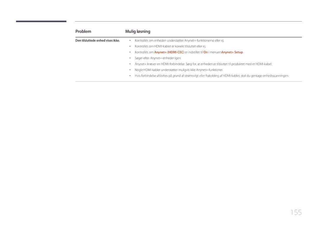 Samsung LH65MDCPLGC/EN manual 155, Problem, Den tilsluttede enhed vises ikke 