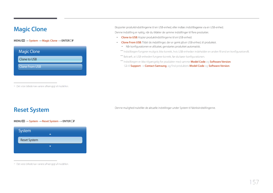 Samsung LH65MDCPLGC/EN manual Reset System, 157, MENUm → System → Magic Clone → Entere 