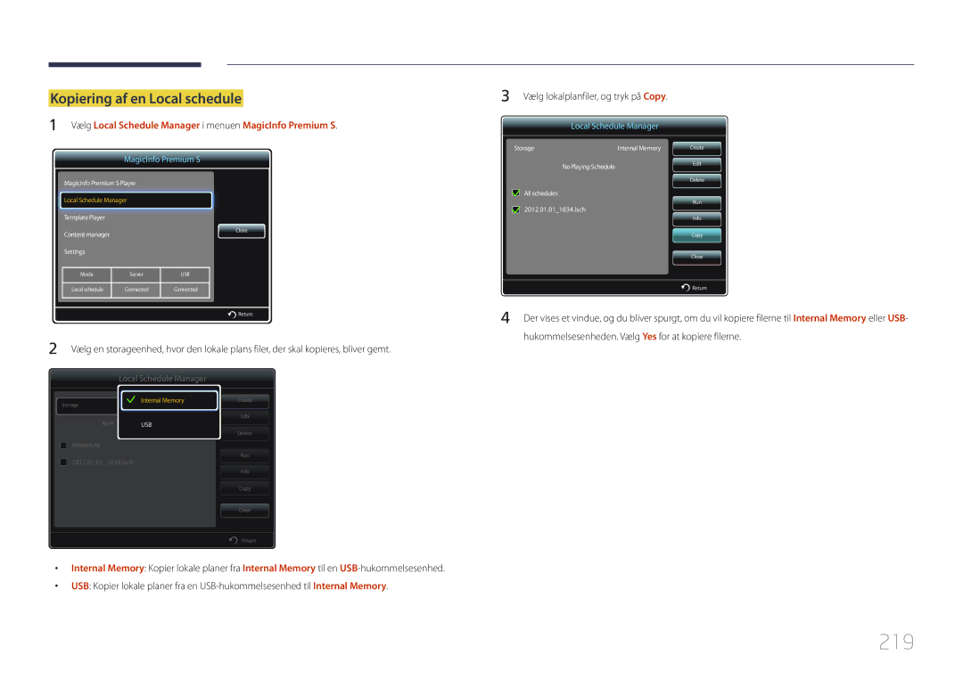 Samsung LH65MDCPLGC/EN manual 219, Kopiering af en Local schedule 