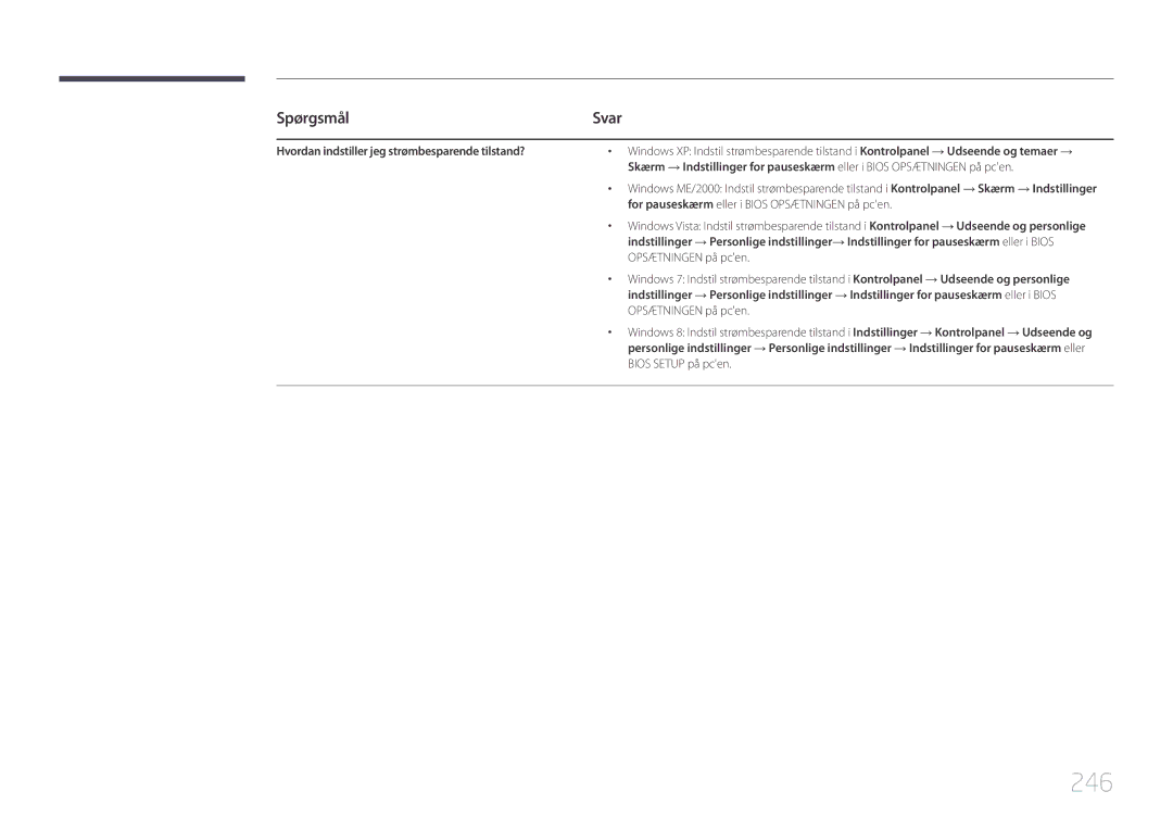 Samsung LH65MDCPLGC/EN manual 246, Spørgsmål, Svar, Hvordan indstiller jeg strømbesparende tilstand? 