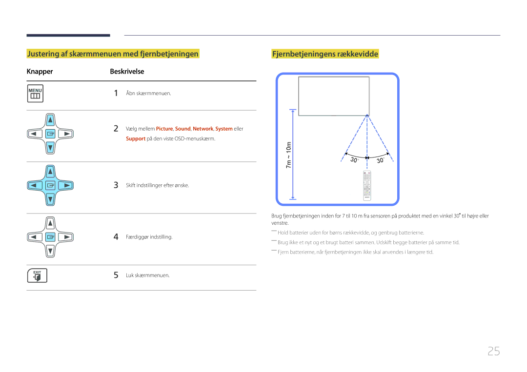 Samsung LH65MDCPLGC/EN manual Justering af skærmmenuen med fjernbetjeningen, Fjernbetjeningens rækkevidde 