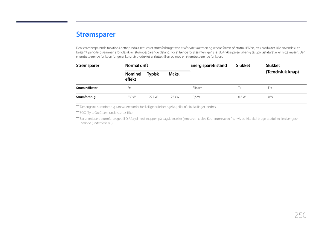 Samsung LH65MDCPLGC/EN manual Strømsparer, 250, Maks Effekt, Strømindikator, Strømforbrug 