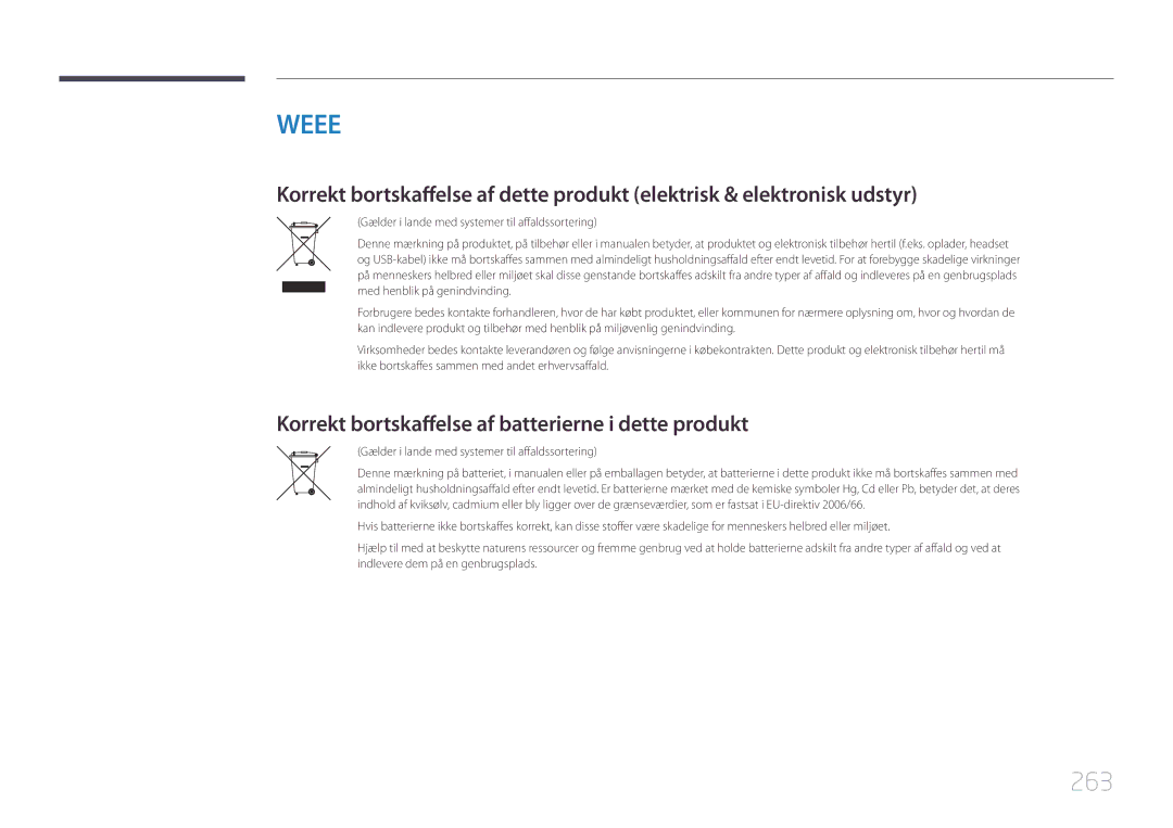 Samsung LH65MDCPLGC/EN manual 263, Korrekt bortskaffelse af batterierne i dette produkt 