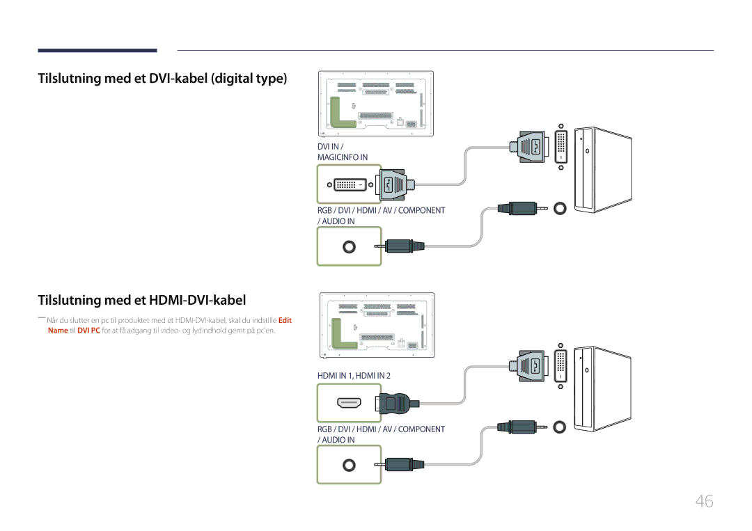 Samsung LH65MDCPLGC/EN manual Tilslutning med et DVI-kabel digital type, Tilslutning med et HDMI-DVI-kabel 