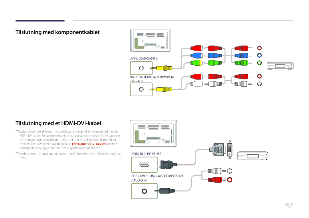 Samsung LH65MDCPLGC/EN manual Tilslutning med komponentkablet, Tilslutning med et HDMI-DVI-kabel 