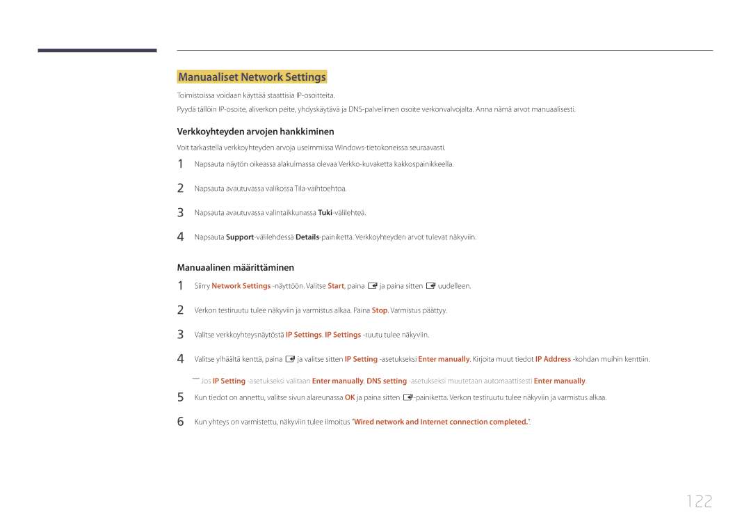 Samsung LH65MDCPLGC/EN manual 122, Manuaaliset Network Settings 