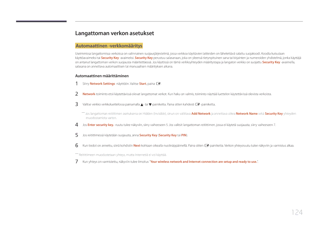 Samsung LH65MDCPLGC/EN manual 124, Langattoman verkon asetukset, Automaattinen -verkkomääritys 