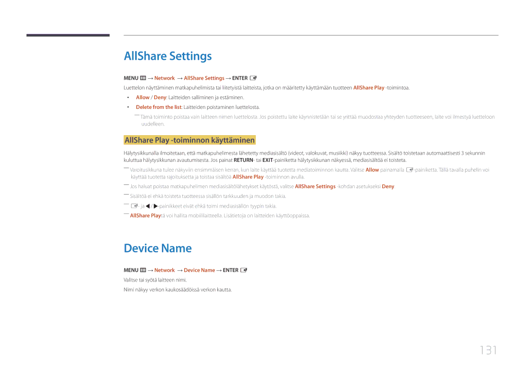 Samsung LH65MDCPLGC/EN manual AllShare Settings, Device Name, 131, AllShare Play -toiminnon käyttäminen 