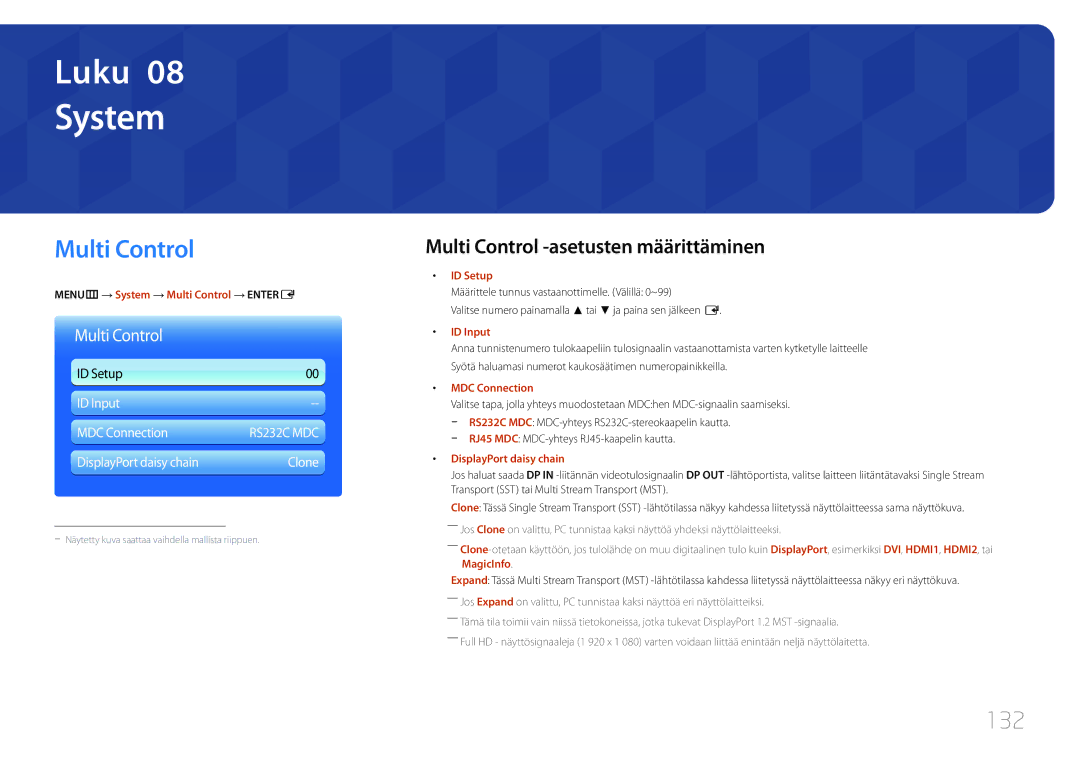 Samsung LH65MDCPLGC/EN manual 132, MENUm → System → Multi Control → Entere, RJ45 MDC MDC-yhteys RJ45-kaapelin kautta 