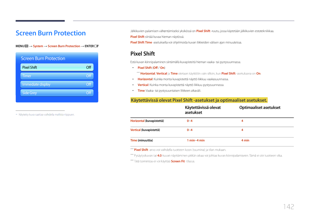 Samsung LH65MDCPLGC/EN Screen Burn Protection, 142, Pixel Shift, Käytettävissä olevat Optimaaliset asetukset Asetukset 